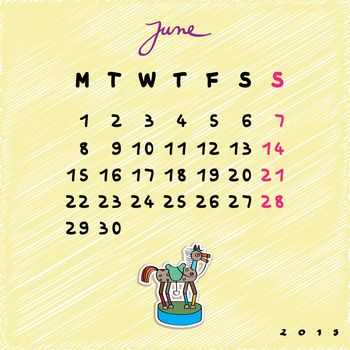 Calendar 2015 with toy horse, graphic illustration of June month calendar with original hand drawn text