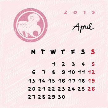Calendar 2015 page illustration with zodiac sign of Aries as grungy stamp over a colored scribble background, April