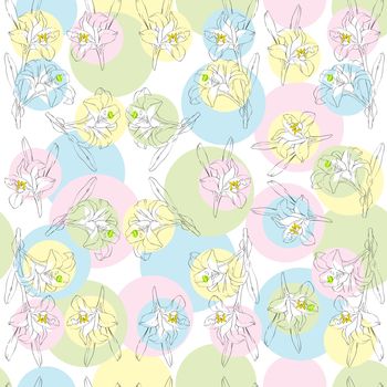 Seamless retro pattern with lilies over a pastel bubbles background