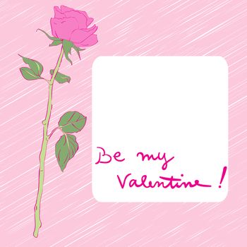 Valentine's Day card with rose, hand drawn illustration over a vibrant pink background and text over white label