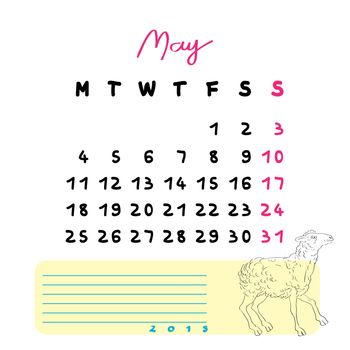 Calendar 2015 page illustration with sheep doodle and notes section over white, May