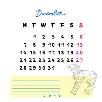 Calendar 2015 page illustration with sheep doodle and notes section over white, December