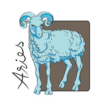 Aries sign clip art with original hand drawn text isolated on white, illustratin of a blue ram
