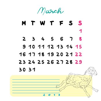 Calendar 2015 page illustration with sheep doodle and notes section over white, March