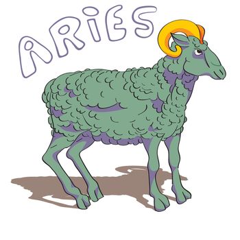 Aries drawing with doodle original text and shadow over white, hand drawn illustration of a colored ram