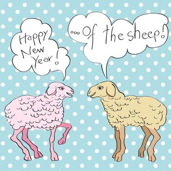 Happy new year of the sheep with conversation in speech bubbles, Pop Art illustration over a background with dots