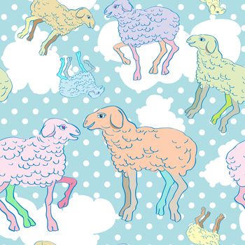 Sheep cartoons seamles pattern, childish illustration over a background with dots and clouds