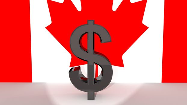 Currency symbol Canadian Dollar made of dark metal in spotlight in front of Canadian flag