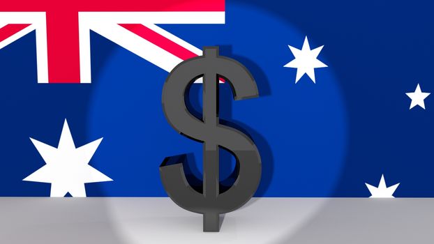 Currency symbol Australian Dollar made of dark metal in spotlight in front of australian flag