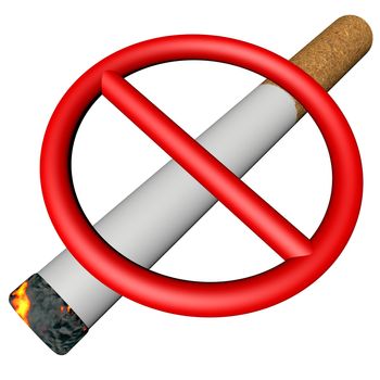 Prohibition sign over cigarette, isolated over white, 3d render