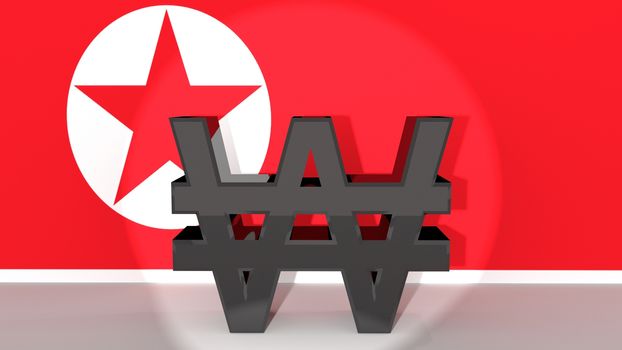 Currency symbol North Korean Won made of dark metal in spotlight in front of North Korean flag