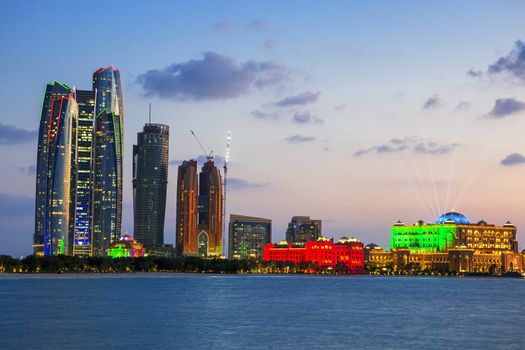 Skyscrapers in Abu Dhabi at dusk, United Arab Emirates 