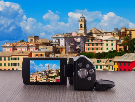 Videocamera pointing to a landscape under blue sky