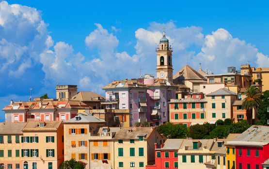 A small town under blue cloudy sky