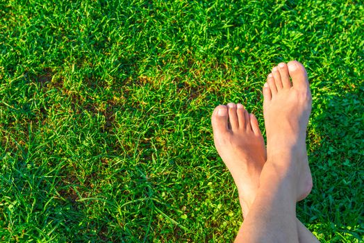 Men's feet on the background of lush green grass