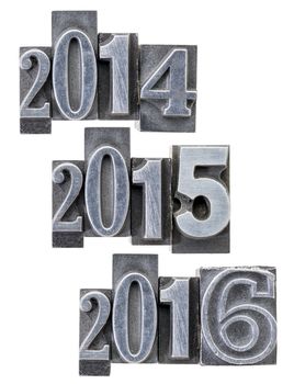 passing and incoming years 2014, 2015, 2016 - isolated numbers in vintage metal printing blocks