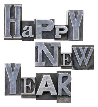 Happy New Year greetings - isolated text in old letterpress metal type blocks