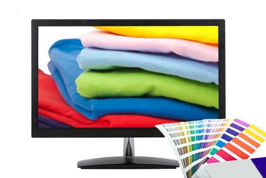 color chart, computer monitor and t shirts isolated on white background