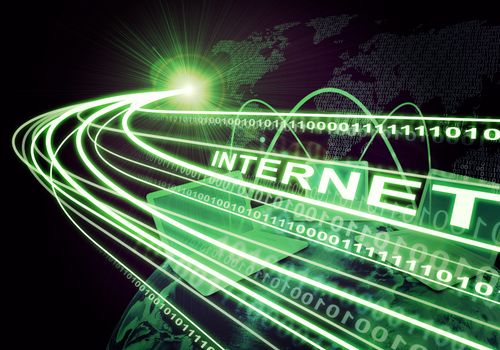 Earth, laptops, continents composed of digits, stream of light beams with inscribed binary code and word internet, on dark background. Communication concept. Elements of this image furnished by NASA