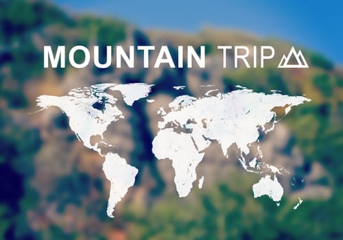 Contoured map of world continents with inscription Mountain Trip and related symbol. Blurred photo of mountain slope as backdrop.