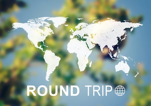 Contoured map of world continents with inscription Round Trip and related symbol. Blurred photo of Earth surface as backdrop.