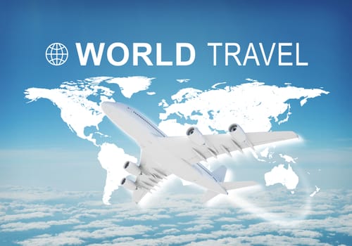 Contoured map of world continents with inscription World Travel and related symbol. Flying jet on foreground, clouds and blue sky as backdrop.