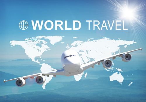 Contoured map of world continents with inscription World Travel and related symbol. Flying jet on foreground, Earth surface, sky and sun an blue sky as backdrop.
