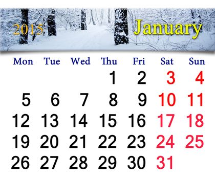 beautiful calendar for the January of 2015 with snowy forest