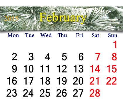calendar for the February of 2015 with snowy pine branches