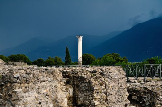 Ancient ruins in Pompeii and panoramic view of Vesuvius