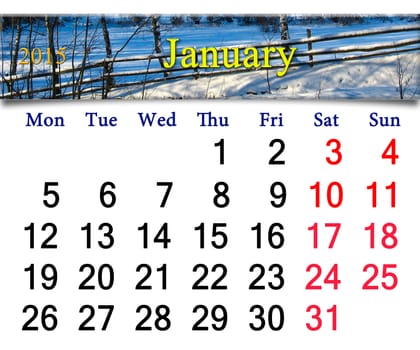 beautiful calendar for the January of 2015 with the ribbon of snowy village