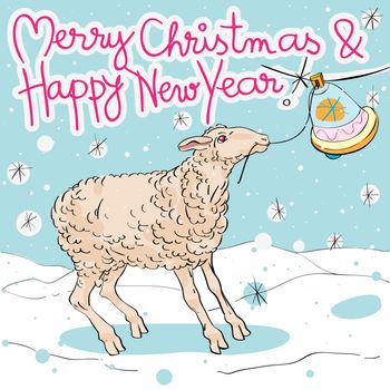 Merry Christmas and Happy New Cinese Year af the Sheep greeting card, hand drawn illustration of a cute animal ringing the bell on a background with snowflakes and original doodle text