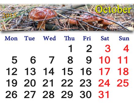 calendar for October of 2015 with the ribbon of mushroom Boletus badius