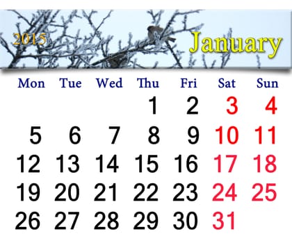 calendar for the January of 2015 with ribbon of flying sparrows above the snowy branch