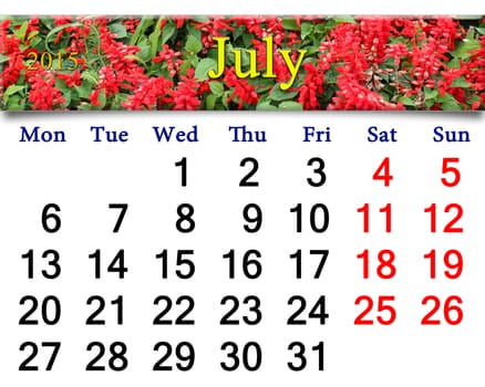 calendar for July of 2015 year with ribbon of red salvia