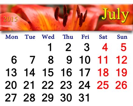 calendar for July of 2015 year with ribbon of red lilies