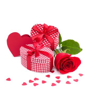 Valentines day gift boxes, rose and paper hearts isolated on white background