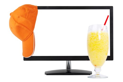 fresh juice, orange cap and computer monitor, isolated on white background