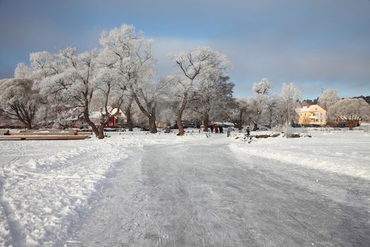 Winter landscape with frozen lake