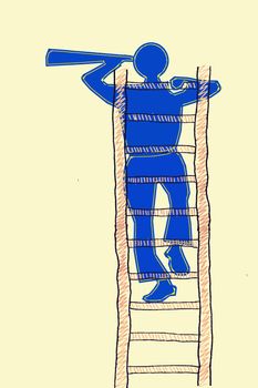Search concept, man climbing to the top of a ladder and searching