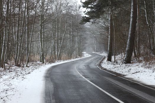 Snowy road in winter landscape