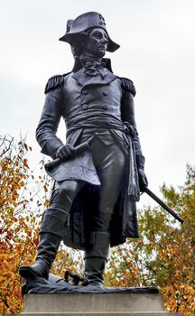 Andrzej Kosciusko Statue, American Revolutionary Hero, Later Polish, Lithuanian Belarusian National Hero, Lafayette Park, Fall, Washington DC.  In American Revolution Kosciuszko was the head engineer in the Continental Army.  Statue erected in 1910 by Polish American Society.  Sculptor Anotonia Popielcame 