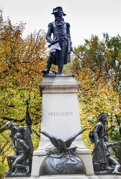 Andrzej Kosciusko Statue, American Revolutionary Hero, Later Polish, Lithuanian Belarusian National Hero, Lafayette Park, Fall, Washington DC.  In American Revolution Kosciuszko was the head engineer in the Continental Army.  Statue erected in 1910 by Polish American Society.  Sculptor Anotonia Popielcame 