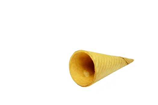 Photo of an empty ice cream cone isolated on white background. Food photography.