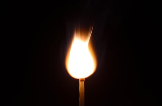 Photo of a match fire isolated on black background. Creative macro photography.