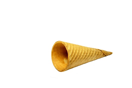 Photo of an empty ice cream cone isolated on white background. Food photography.