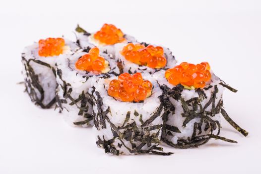 sushi roll in nori with caviar isolated on white background 