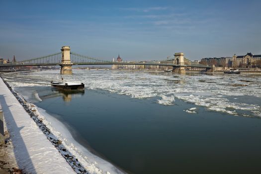 Ice sheets float on the river Danube