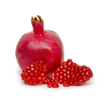 Pomegranate seeds on a white background.

