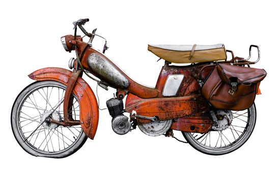 Isolated Vintage 60s French Moped Or Scooter With Pannier Bag And Flat Tyre
